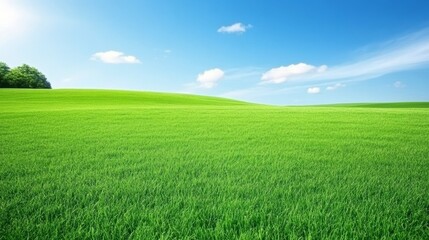 Fototapeta premium A vast green field stretches under a bright blue sky with fluffy white clouds.