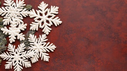 White Snowflake Christmas Decorations on Red Background