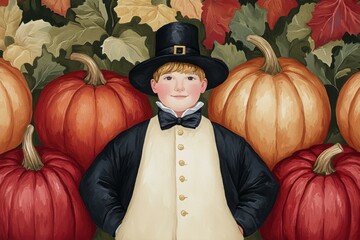 Boy in pilgrim attire standing among vibrant pumpkins, autumn leaves backdrop.