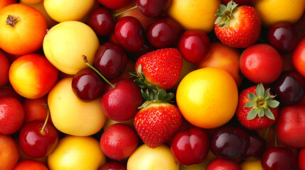 Fresh fruits such as cherries, strawberries, and oranges create vibrant display