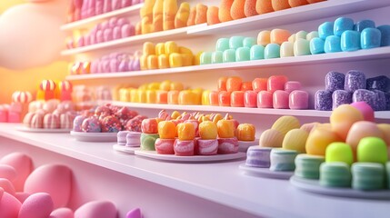 Playful candy packaging design with vibrant, pastel-colored illustrations of sweets, displayed on candy store shelves, Pop Art style, soft lighting, cheerful atmosphere, watercolor effect
