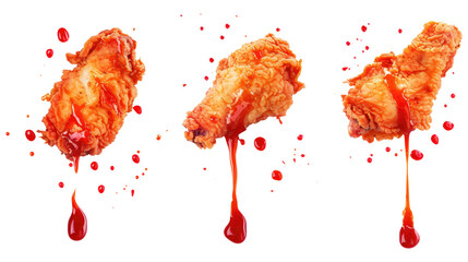 Three pieces of fried chicken with ketchup dripping isolated on transparent white background, clipping path