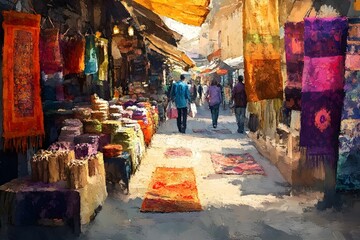 Obraz premium Vibrant Marketplace with Diverse Handcrafted Goods and Textiles on Display