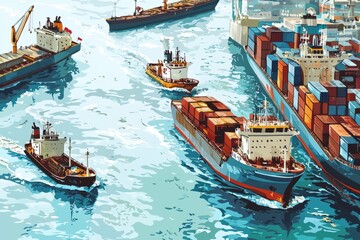 Obraz premium Illustrate a port with various types of vessels, including cargo ships, tankers, and fishing boats. Emphasize the diversity, Generative AI