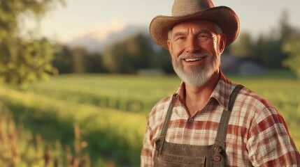 Middle aged caucasian farming smiling on his farm field