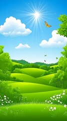 Sunny day with green rolling hills, lush trees, and white flowers.