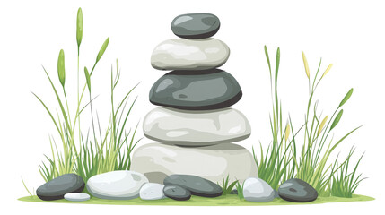 Obraz premium A serene arrangement of stacked stones with green grass, symbolizing balance and tranquility against a black backdrop.