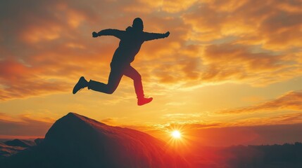 Fototapeta premium New Year 2025, Inspiration and progress towards new success. Silhouettes of human jumping over cliff towards finish line with text new year 2025 on sunset beautiful
