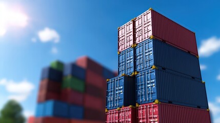 Fototapeta premium Cargo Containers Stacked High Against Blue Sky Shipping and Logistics Concept