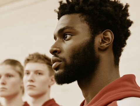 Focused Team Strategy Meeting in Modern Indoor Gymnasium - Powered by Adobe