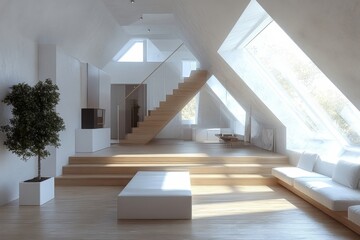 Obraz premium Modern open-plan apartment in attic, loft style, 3d render, Generative AI