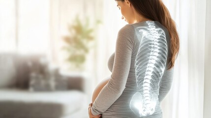Fototapeta premium Pregnant woman touching belly with spine x-ray image superimposed