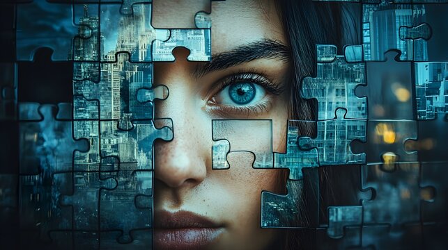 Woman's face partially revealed by shifting puzzle pieces in a colossal architectural backdrop, exploring themes of identity and discovery