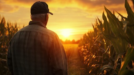 Rear view of senior farmer standing in corn field examining crop at sunset.