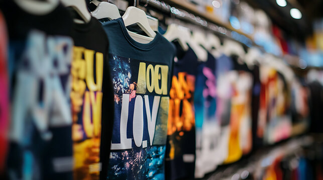 Stylish T shirts with vibrant love messages displayed in store