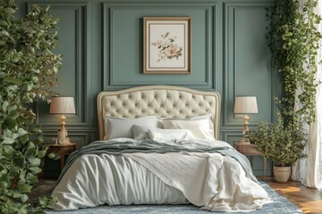 Mockup frame in luxury Hampton style bedroom interior, 3d render, Generative AI