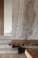 A textured concrete wall with unique patterns sits adjacent to a wooden bench, highlighting the steps made from similar materials, emphasizing natural design elements.
