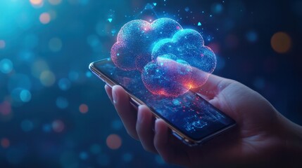 Secure Cloud Computing: Hand Holding a Smartphone with Holographic Cloud Icons, Depicting the Integration of Mobile Technology and Cloud Services with Blue Background - Generative AI
