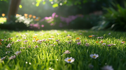 Fototapeta premium Lush green grass with blooming flowers creates serene garden atmosphere