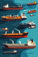 Fototapeta premium Illustrate a port with various types of vessels, including cargo ships, tankers, and fishing boats. Emphasize the diversity, Generative AI