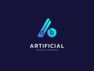 Artificial intelligence with letter A circuit board lines technology Analysis logo vector design concept. AI technology logotype symbol for advance technology, tech company, identity, robot, ui, web.