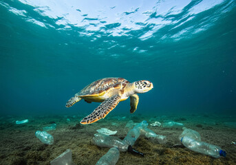 Marine conservation: sea turtle swimming amidst ocean pollution