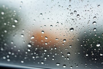 Delicate water droplets flowing down glass pane on a gloomy rainy day, creating beautiful patterns