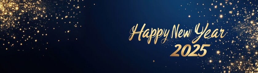 A festive design celebrating New Year 2025 with "Happy New Year" in gold text against a dark blue background sprinkled with sparkling effects.