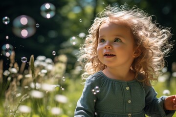 A child joyfully chasing and catching bubbles in a bright, sunny meadow of delight