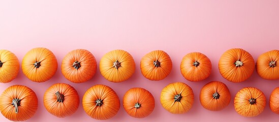 Orange Pumpkins in a Row on Pink Background