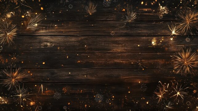 Sylvester 2025, New Year's Eve, New Year background panorama long - Firework Fireworks on rustic brown wooden wood texture