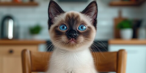 Adorable Neva Masquerade Kitten with Blue Eyes on Wooden Chair