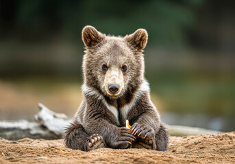 Obraz premium Adorable bear cub holding wooden stick in natural habitat