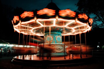 Enchanting evening carousel twirls with bright lights in the park s magical atmosphere