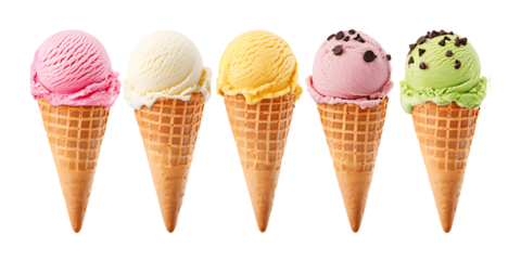 Variety of ice cream cones isolated on transparent background,Set of different ice cream,Ice cream scoop on waffle cone on transparent, cutout,ice cream cones in a variety of flavors,Vanilla ice cream