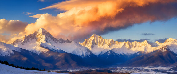 Obraz premium panoramic view of evening dusk in the mountains