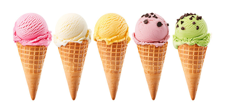 Variety of ice cream cones isolated on transparent background,Set of different ice cream,Ice cream scoop on waffle cone on transparent, cutout,ice cream cones in a variety of flavors,Vanilla ice cream