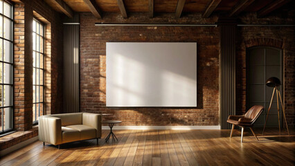 Blank white mockup picture in modern loft style interior with brick walls.Horizontal mockup poster template for your work or design.Brutal interior to create a trendy urban atmosphere.