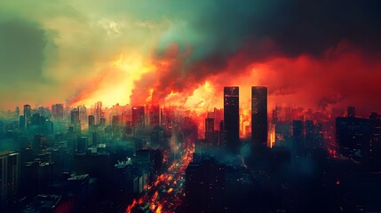 Obraz premium Vibrant Hues Ignite Conflict in a Dystopian Cityscape Consumed by Fire and Destruction