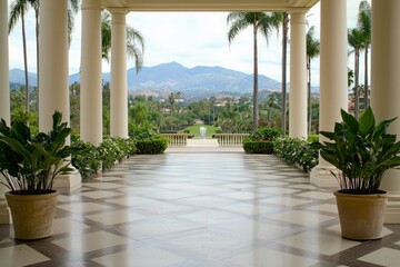 Stunning Architectural View Framed by Palm Trees and Columns Overlooking Scenic Landscape