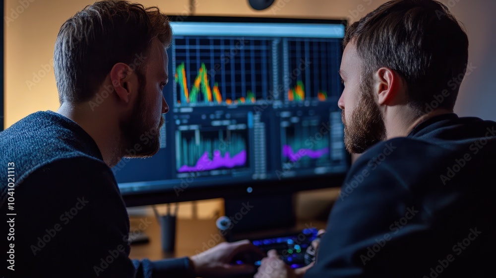 Poster two men are looking at a computer screen with a lot of numbers and lines