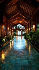 Tranquil Resort Interior with Lush Surroundings and Serene Water Features