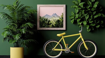 Yellow Bicycle with Mountain Landscape Painting and Greenery Against Green Wall