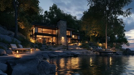 Fototapeta premium 3D rendering of a stylish riverside property at dusk, emphasizing elegant lines and warm outdoor lighting.