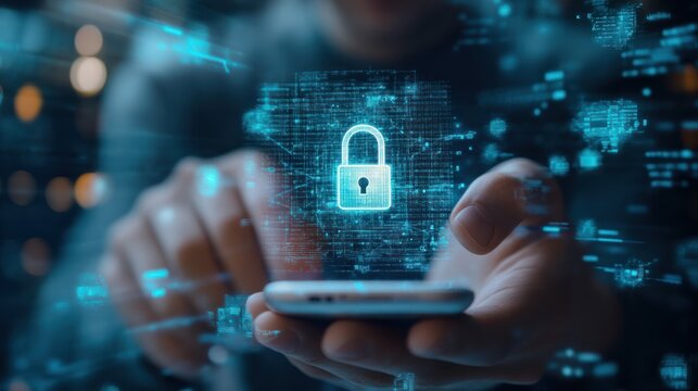 User using mobile phone with digital padlock on internet technology network security with cloud security and data encryption, cybersecurity, Cyber security network. Data protection concept.