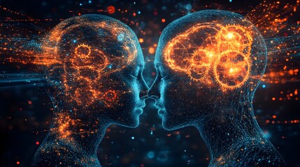 Two human heads connected by gears, vintage mechanical style, symbolic of intricate thoughts, soft lighting, romantic attachment, sepia tones