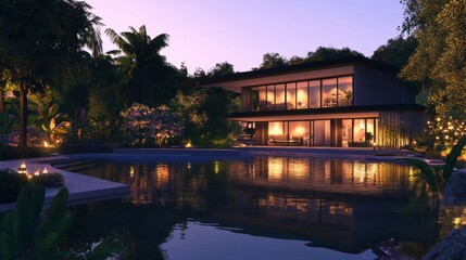 Obraz premium A modern house by the river, with an infinity pool reflecting the evening sky and ambient garden lights.