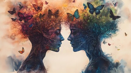 Two human profiles facing each other, connected by a vibrant tree with neural branches, butterflies emerging from the branches, symbolizing thought transformation, Psychedelic, Watercolor