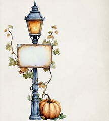 Watercolor Old-Fashioned Street Lamp with Vines, Pumpkins, and Blank Signs