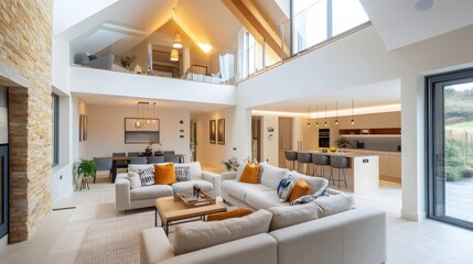 A modern open-plan living room with a striking high ceiling, connecting seamlessly to a stylish mezzanine above.